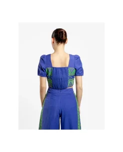 Crop Top Manga Algodon Azul
