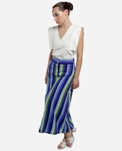 Maxi Falda Botones Bord. Algodon Rayas Azul