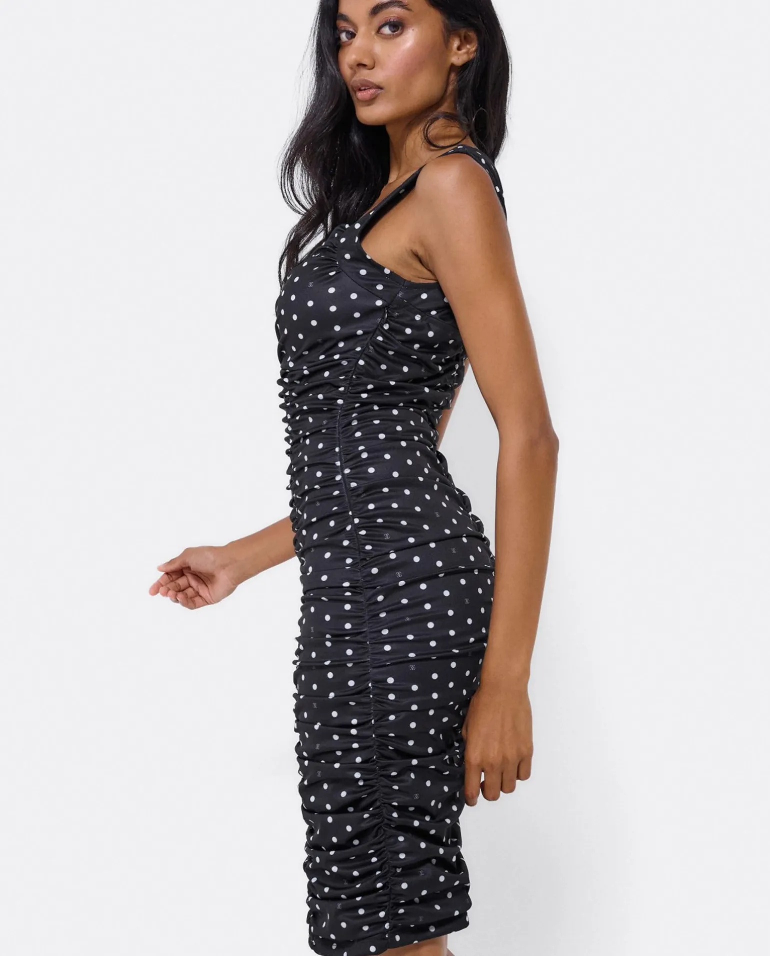 Vestido Ajustado Drapeado Punto Lunares Blanco Neg