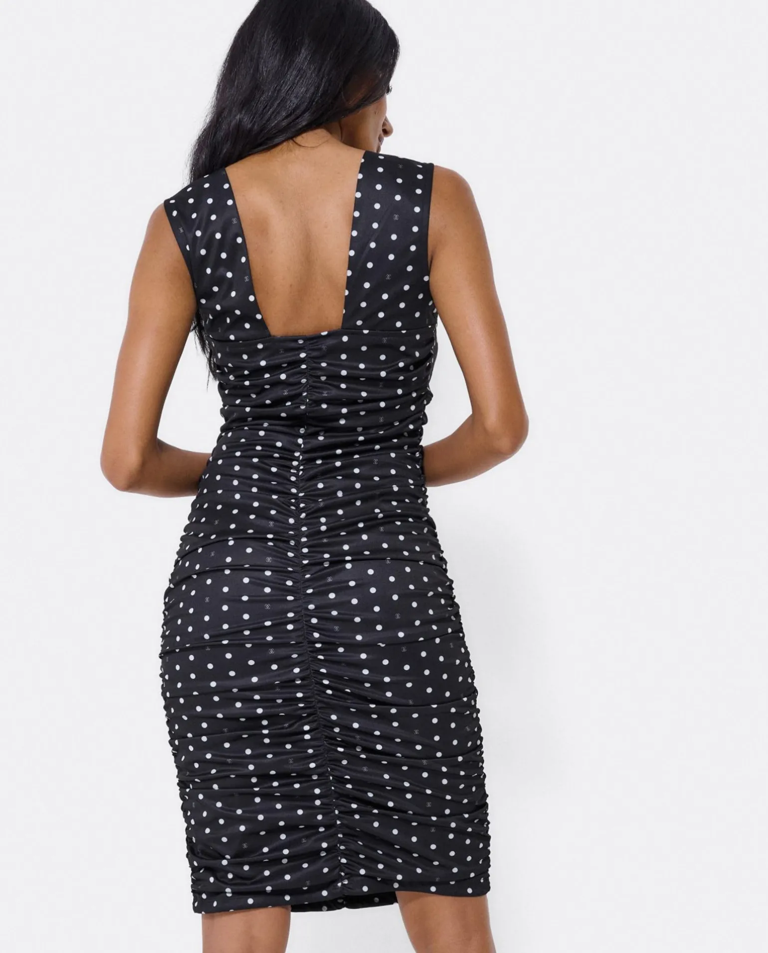 Vestido Ajustado Drapeado Punto Lunares Blanco Neg