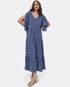 Vestido Boho Viscosa Geometrico Azul