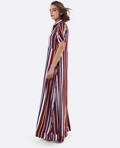 Vestido Camisero Largo Viscosa Rayas Rojas
