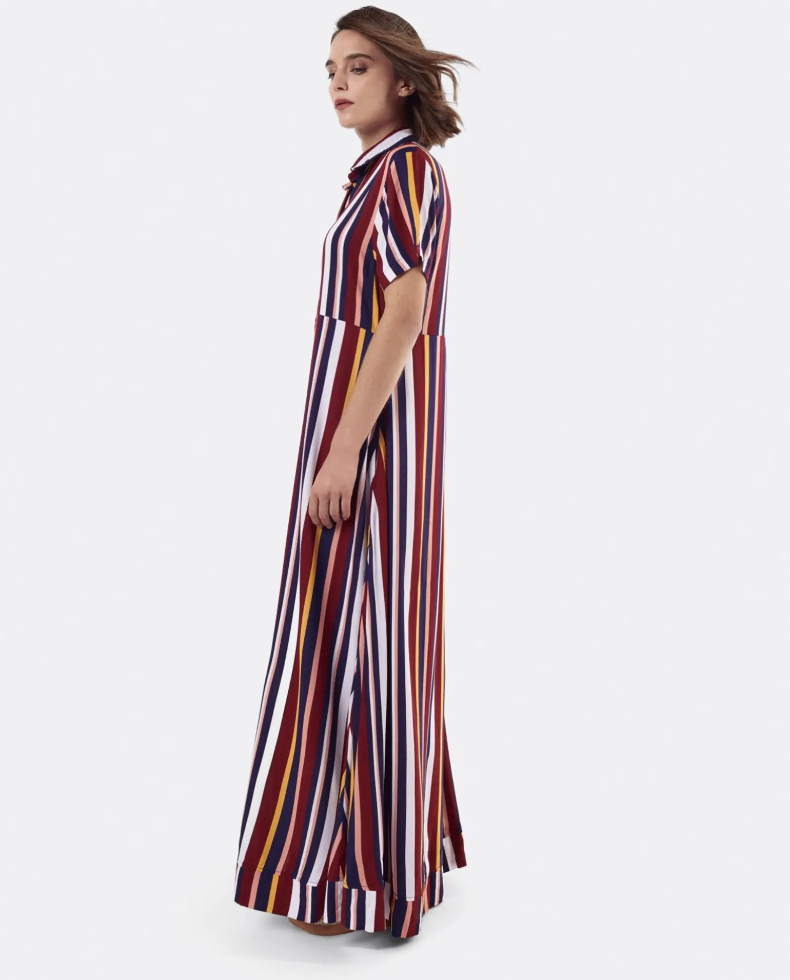 Vestido Camisero Largo Viscosa Rayas Rojas