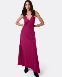 Vestido Largo Fiesta Tirantes Saten Fucsia