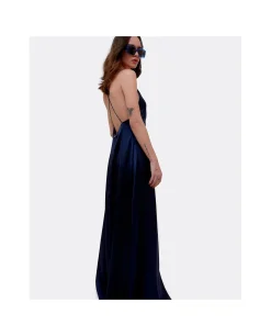 Vestido Largo Fiesta Tirantes Saten Marino