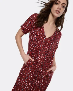 Vestido Largo Viscosa Leopardo Rojo