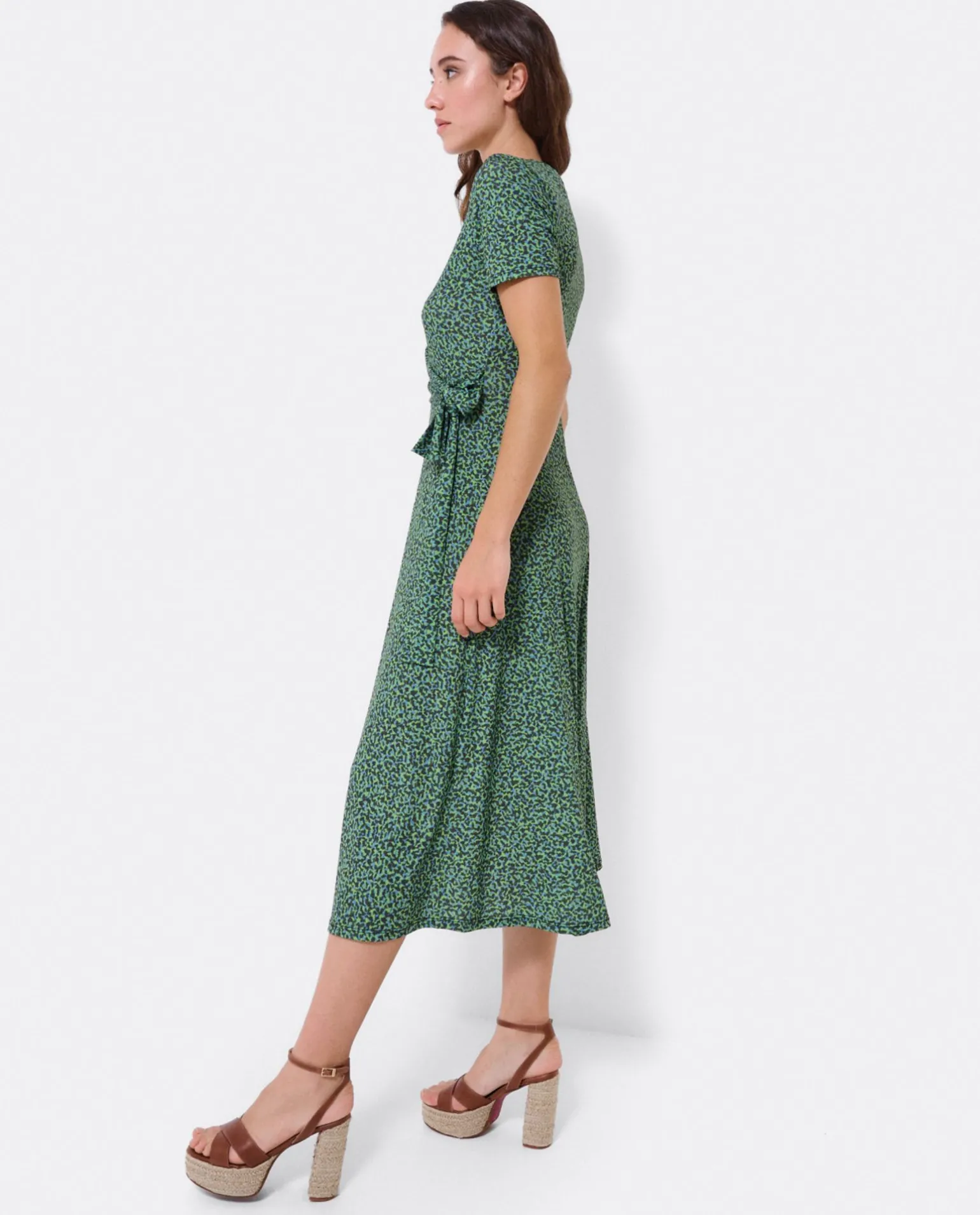Vestido Manga Corta Nudo Delantero Punto Leopardo