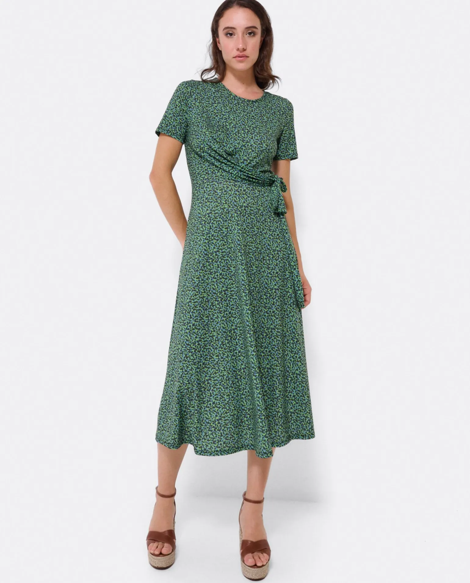 Vestido Manga Corta Nudo Delantero Punto Leopardo