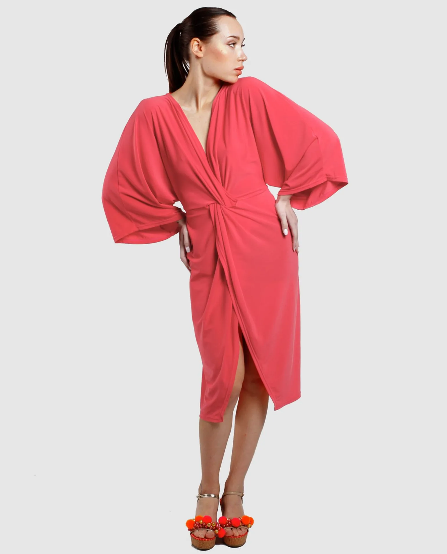 Vestido Maxi Mangas Punto Fucsia