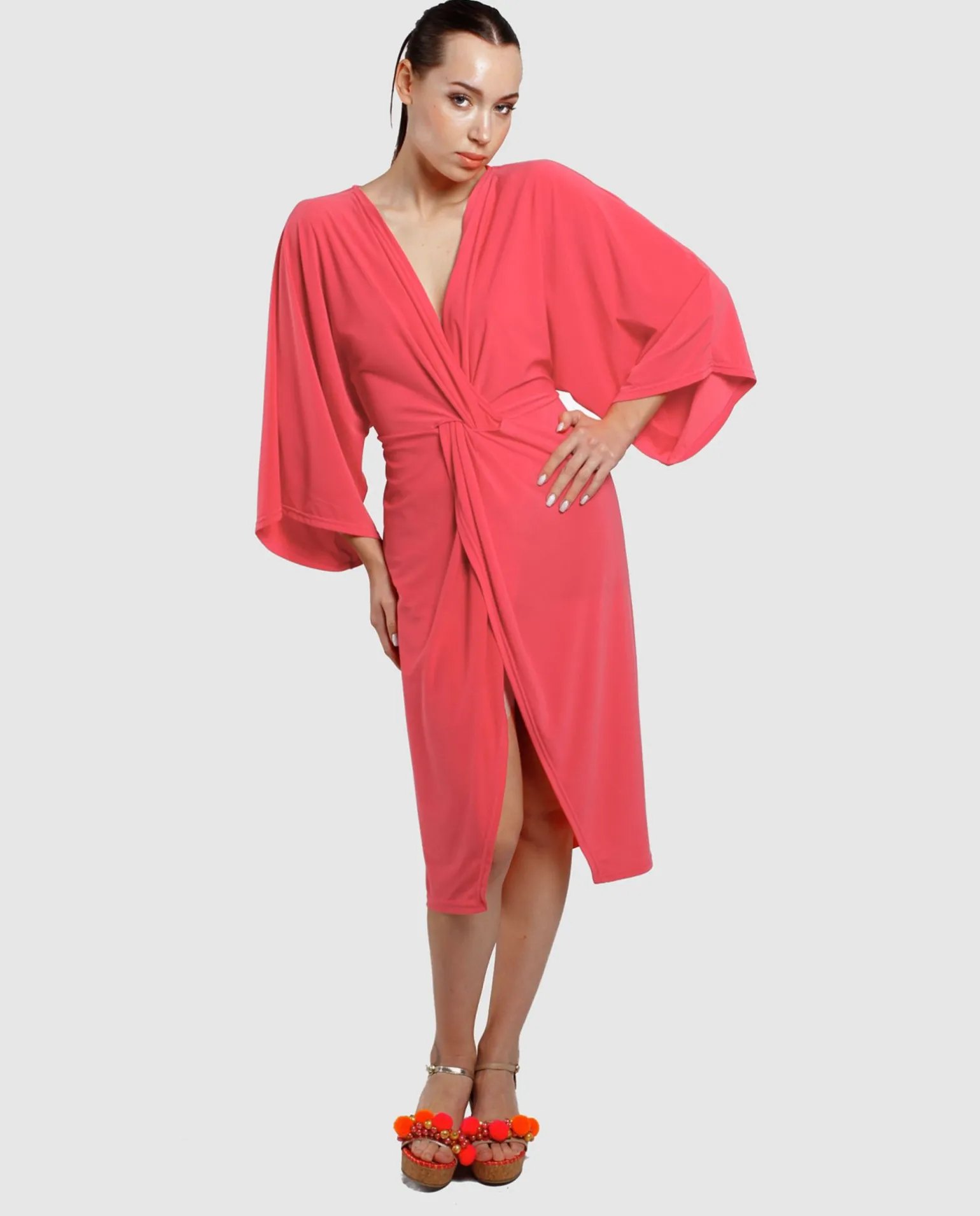 Vestido Maxi Mangas Punto Fucsia