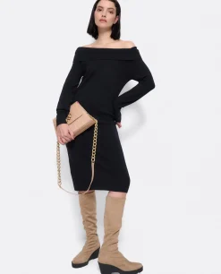 Vestido Midi Escote Drapeado Punto Negro