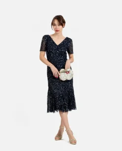 Vestido Midi Volante Lentejuelas Marino