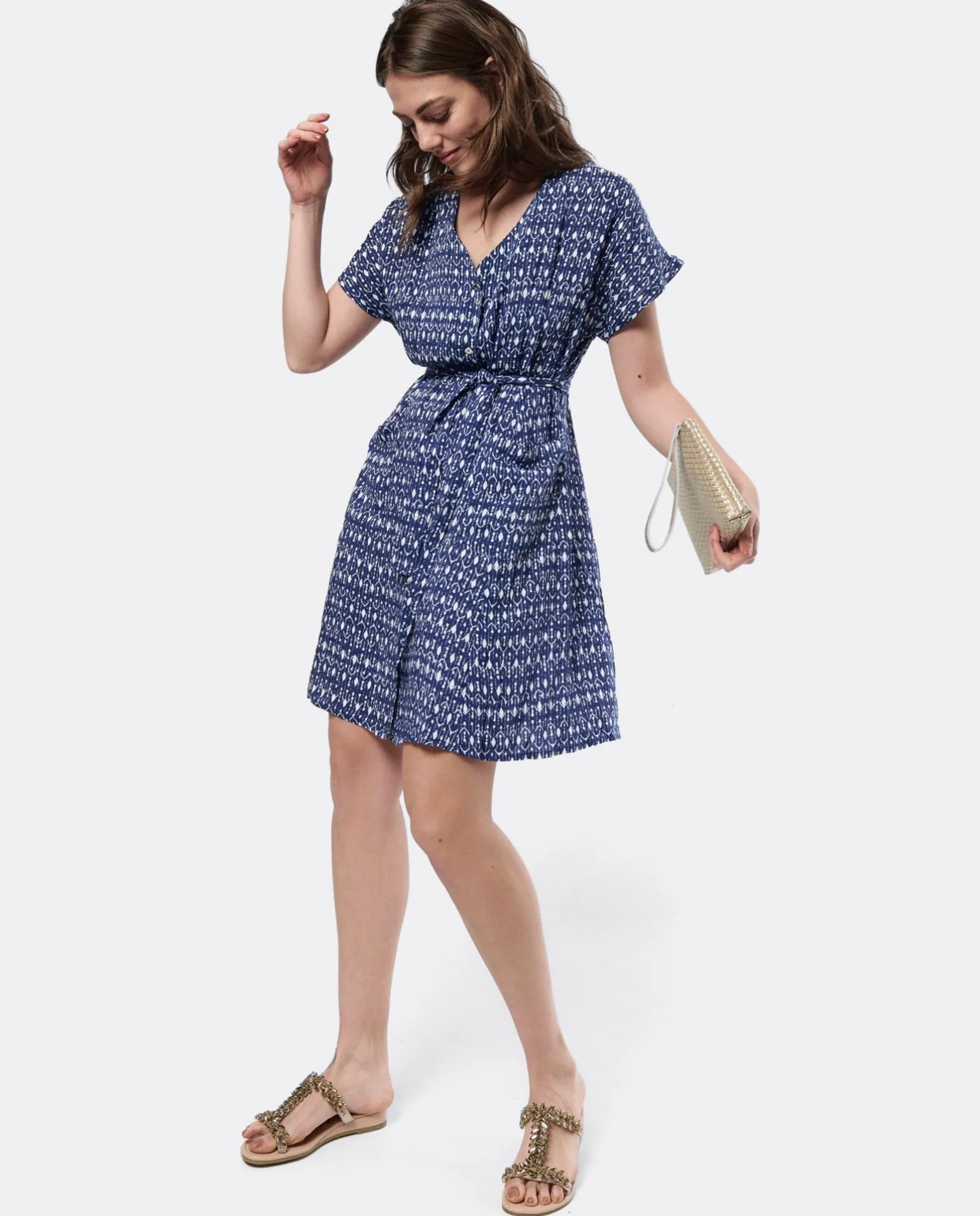 Vestido Mini Anudado Viscosa Geometrico Azul